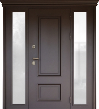 Входная термодверь со стеклами по бокам, металлобагетом и карнизом (порошковая покраска и МДФ) Входная термодверь со стеклами по бокам, металлобагетом и карнизом (порошковая покраска и МДФ)