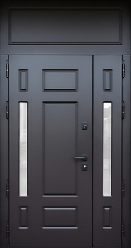 Стальная полуторная термодверь с глухой вставкой, узкими стеклами и панелями МДФ с фрезеровкой Стальная полуторная термодверь с глухой вставкой, узкими стеклами и панелями МДФ с фрезеровкой