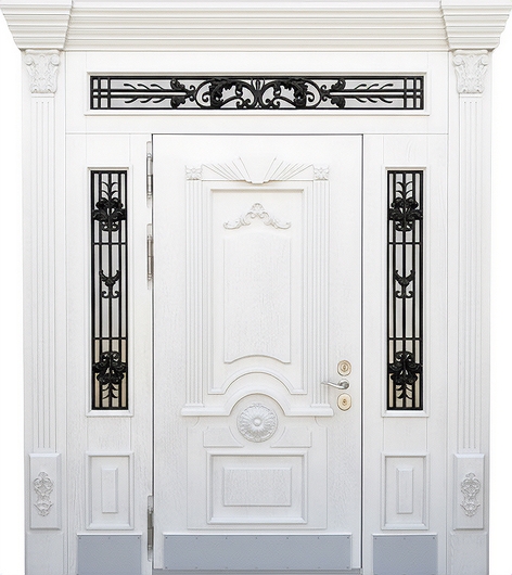 Входная парадная группа с терморазрывом, капителями, ковкой, стеклом и отбойниками (белый МДФ с резьбой) Входная парадная группа с терморазрывом, капителями, ковкой, стеклом и отбойниками (белый МДФ с резьбой)