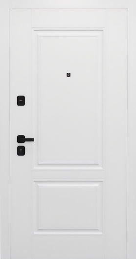 Входная дверь с белыми окрашенными панелями МДФ и скрытыми петлями Входная дверь с белыми окрашенными панелями МДФ и скрытыми петлями