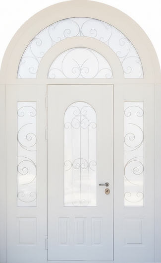 Арочная парадная дверь с терморазрывом, ковкой, стеклопакетами и белыми панелями МДФ Арочная парадная дверь с терморазрывом, ковкой, стеклопакетами и белыми панелями МДФ